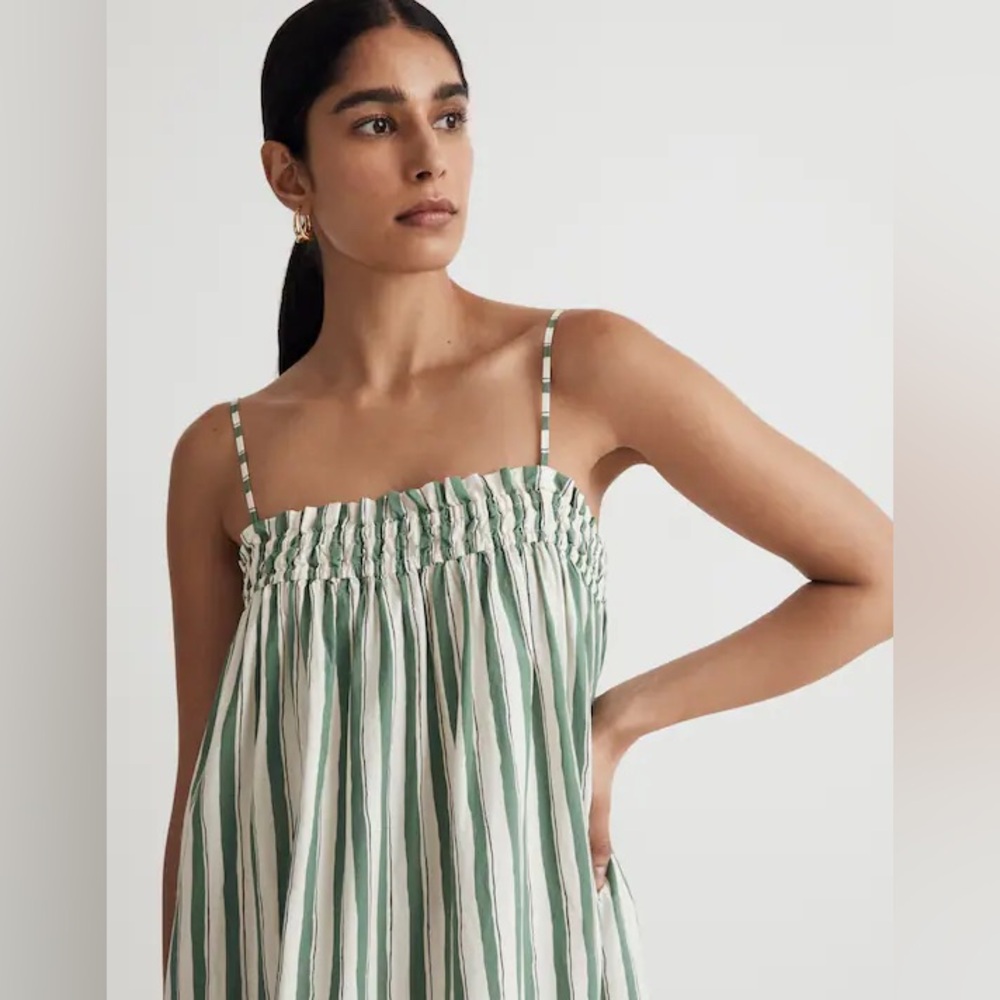 New Madewell Women Poplin Ruffle A Line Midi Dress in Stripe Versailles Green M - Picture 4 of 5